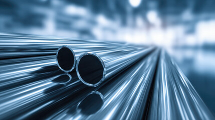 Shiny metallic pipes arranged in parallel lines reflecting light in a modern industrial setting with a sleek blue-toned background for manufacturing concept