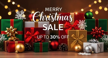 Merry christmas sale with festive presents and holiday decorations
