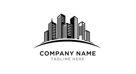 Modern black and white silhouette of cityscape skyline with curved base and placeholder text