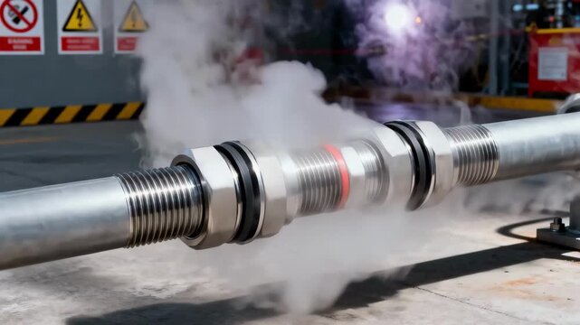 Medium shot focusing on sealing fittings tightly connecting conduits demonstrating leakproof protection in volatile work areas.