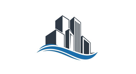 Modern abstract logo design featuring a cluster of dark blue and white skyscrapers above blue wavy lines on a white background
