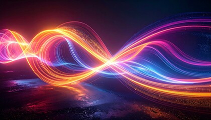 Vibrant, glowing light streaks curve and twist across a dark reflective surface in dynamic, abstract flow
