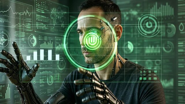 Cyborg man uses augmented reality interface to analyze futuristic data charts and biometric information. Human with robotic arm and digital eye scans holographic display. cyber technology evolution. - Powered by Adobe