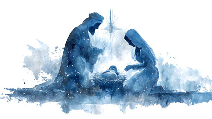 Watercolor nativity scene illustration in soft blue hues isolated on white background