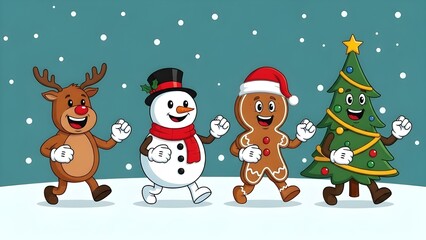 Festive Christmas Characters Walking in Snow