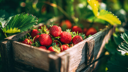 Freshly harvested ripe red berries overflowing in a rustic wooden crate surrounded by green leaves in vibrant natural garden sunlight during harvest season
