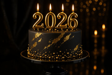 Elegant black and gold New Year cake with “2026” candles, sparkling details, and warm festive lighting creating a luxurious celebration mood.