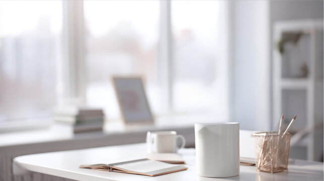 Minimalist workspace with mug pencils and notebooks on desk.