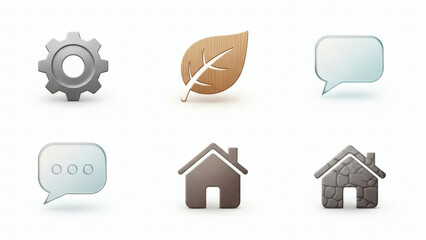 A realistic icon pack featuring home icons, chat bubbles, gears, leaves, and functional tool symbols rendered in soft 3D shading.