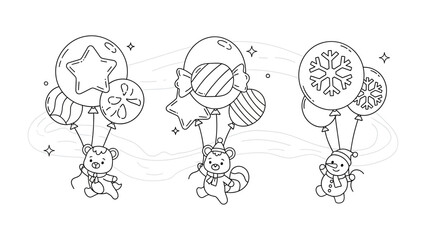 Whimsical Characters and Festive Balloons: A charming collection of illustrations features an adorable bear, squirrel, and snowman. Each character joyfully floats upwards.