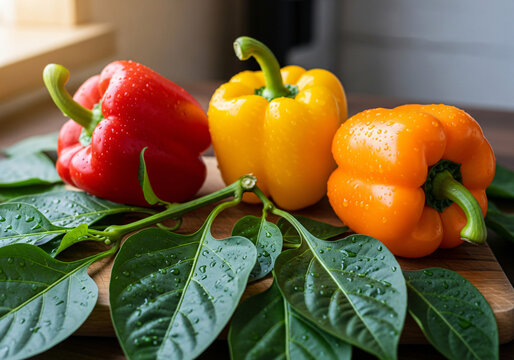 Fresh 3 colours capcicum with vibrant green leaves. A healthy vegetable perfect for cooking or salads. This image represents freshness and nutritious eating. Ideal for food blogs and recipes 