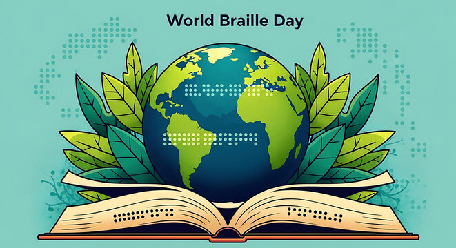 World braille day celebration with globe on open book and green leaves illustration - Powered by Adobe