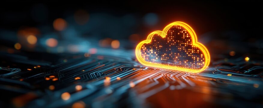 The Cloud Icon Illuminated Above Futuristic Circuit Board Representing Digital Data