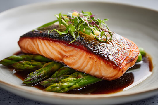 Hyper-realistic commercial food photography of delicious grilled salmon on a bed of vibrant asparagus - Powered by Adobe