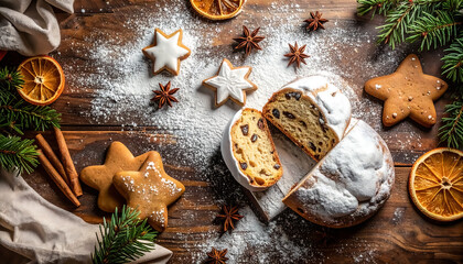 Traditional German Christmas stollen and gingerbread on a rustic wooden table with powdered sugar.  Star anise, cinnamon sticks, and sliced oranges. Holiday design.