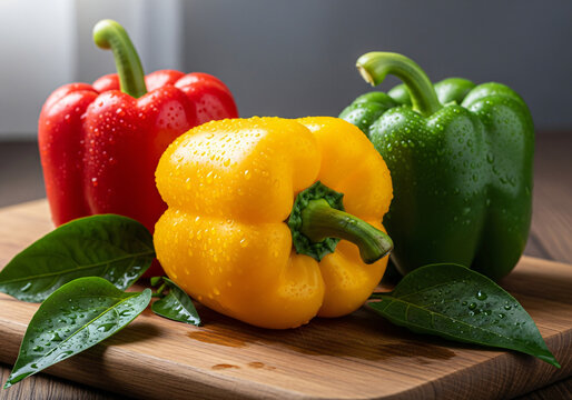 Fresh 3 colours capcicum with vibrant green leaves. A healthy vegetable perfect for cooking or salads. This image represents freshness and nutritious eating. Ideal for food blogs and recipes 