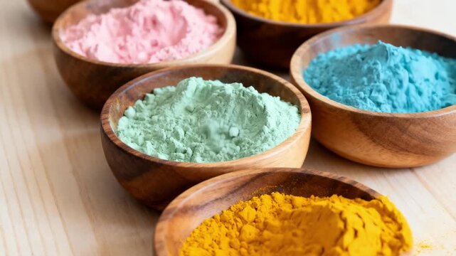 Medium framing of natural pigment powders in wooden bowls showcasing a range of pastel and vibrant hues for ecoconscious art projects