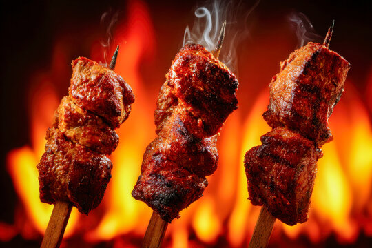 Three steaming grilled meat skewers with charred edges held against a blazing fiery background showcasing bold smoky barbecue flavors and intense heat