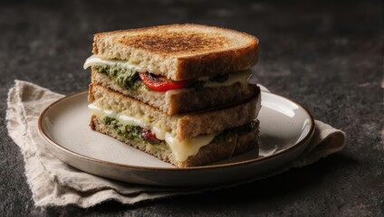 Stacked grilled cheese sandwich with pesto and tomato on a plate with a napkin