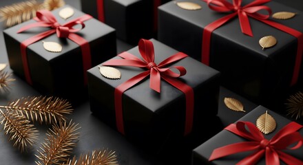 Elegant black gift boxes with red ribbons and gold leaf decor create a festive holiday mood for upscale celebrations and seasonal promotions