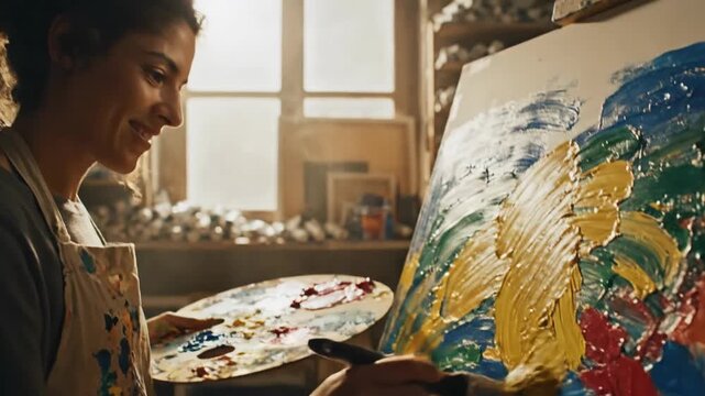 Artist painting colorful abstract artwork on canvas easel with brush and palette creative hobby