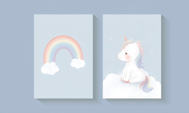 Two sides of birthday greeting card; one has a rainbow with clouds, and the other shows a white unicorn sitting on a cloud against a light blue background.
