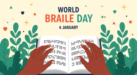 World braille day celebration with hands reading braille book amidst greenery and confetti