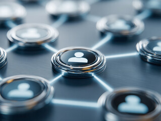 Conceptual digital network with connected user icons representing social media interaction and collaborative communication in a futuristic interface design