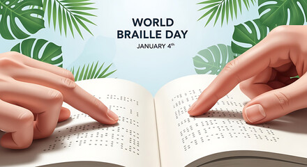 Hands reading braille book on world braille day celebrating literacy for the visually impaired