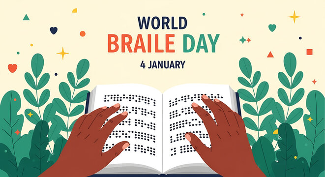 World braille day celebration with hands reading braille book amidst greenery and confetti