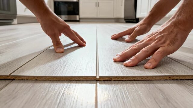 Closeup view of standard vinyl plank flooring being carefully examined for defects and durability in a residential kitchen