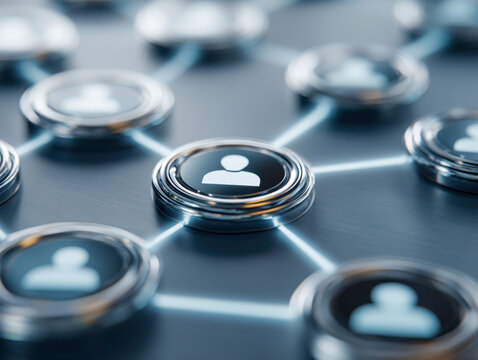 Conceptual digital network with connected user icons representing social media interaction and collaborative communication in a futuristic interface design