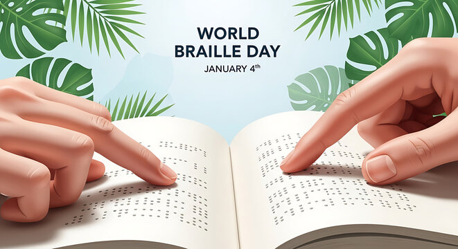 Hands reading braille book on world braille day celebrating literacy for the visually impaired