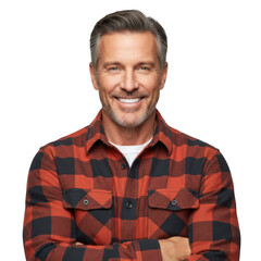 Handsome mature man in a red and dark checkered flannel shirt smiling confidently