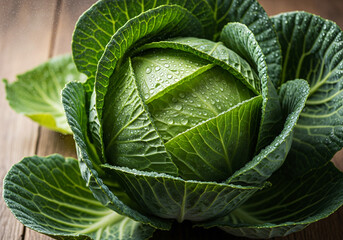 Obraz premium Fresh cabase with vibrant green leaves. A healthy vegetable perfect for cooking or salads. This image represents freshness and nutritious eating. Ideal for food blogs and recipes 