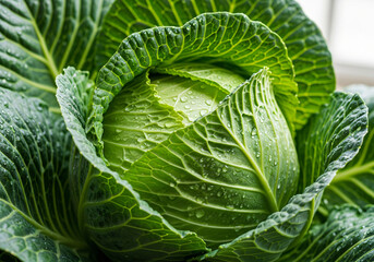 Fototapeta premium Fresh cabase with vibrant green leaves. A healthy vegetable perfect for cooking or salads. This image represents freshness and nutritious eating. Ideal for food blogs and recipes 