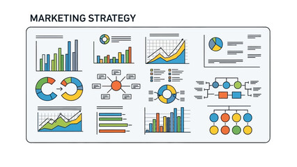 Marketing strategy infographic elements. Vector illustration of graphs, charts, and diagrams. Business data visualization. Infographic template. White background. Colorful icons.