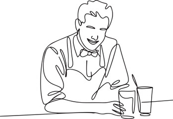 Continuous Line Art Illustration of Bartender Leaning Over Counter Smiling at Guest Casual Friendly Handmade Style