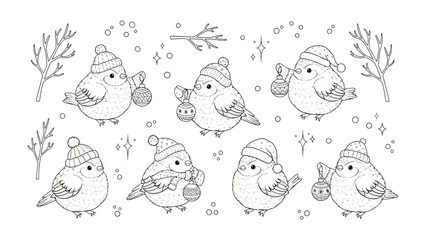 Obraz premium Winter Birds in Festive Attire: A charming gathering of adorable birds, each adorned in cozy winter hats and holding ornaments, evoking a sense of festive cheer and winter merriment.