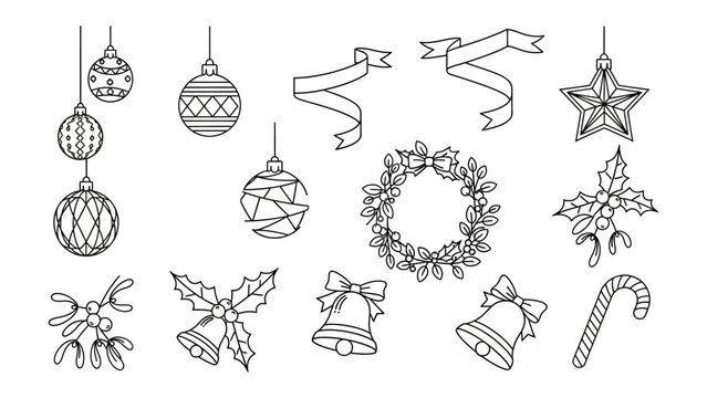 Christmas Holiday Emblems: Collection of Christmas elements, from decorative ornaments and cheerful bells to elegant ribbons and a candy cane, exuding holiday cheer and festive anticipation.