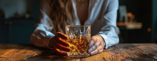 The Whiskey Glass Held on Rustic Wooden Bar by Woman in Soft Warm Light