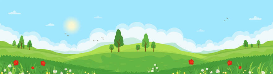 Fototapeta premium Summer Landscape with Green Hills, Trees, blooming Wild Flowers and Blue Sky with clouds. Sunny Seasonal Nature background. Refreshing outdoor atmosphere. Vector horizontal illustration. Not AI