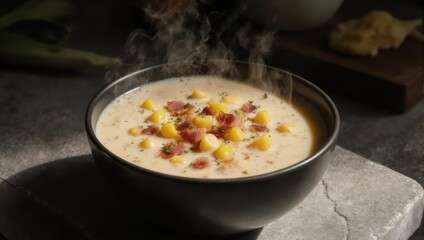 Steaming bowl of corn chowder with bacon garnish, resting on a stone surface