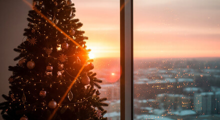 Magical Christmas tree silhouette against sunset window with city view. Sun rays and lens flare through pine branches. Cozy winter holiday background with copy space