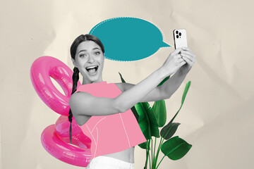 Naklejka premium Template sketch trend 3D photo collage of cloud chatting sms young lady selfie phone blogger sea rest relax journey holiday float ring