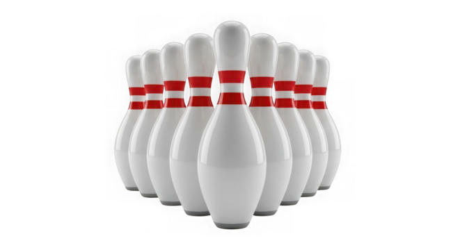 Bowling pins arranged in a formation isolated on transparent background