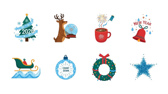 Festive Holiday Icons: A vibrant collection of Christmas and New Year's illustrations, each portraying iconic symbols of the holiday season, exuding joy, festivity, and anticipation.