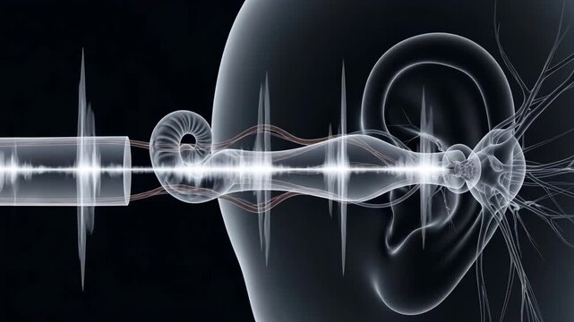 Auditory pathway sound wave transmission cochlea neuron signal processing science audio hearing 4K Ai HD high quality video.
