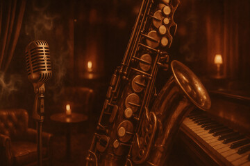 Warm, smoky jazz club scene featuring a vintage saxophone, classic microphone, and piano illuminated by soft amber lighting.