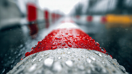 Water droplets on vibrant red and white road divider with blurred urban background creating a fresh and moody rainy day atmosphere in a cityscape perspective